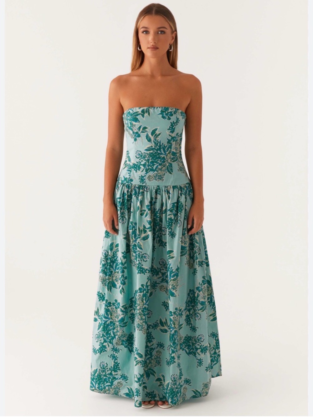Peppermayo Andorra Maxi Long Dress - Cloud Nine Floral Blue Strapless Size Large